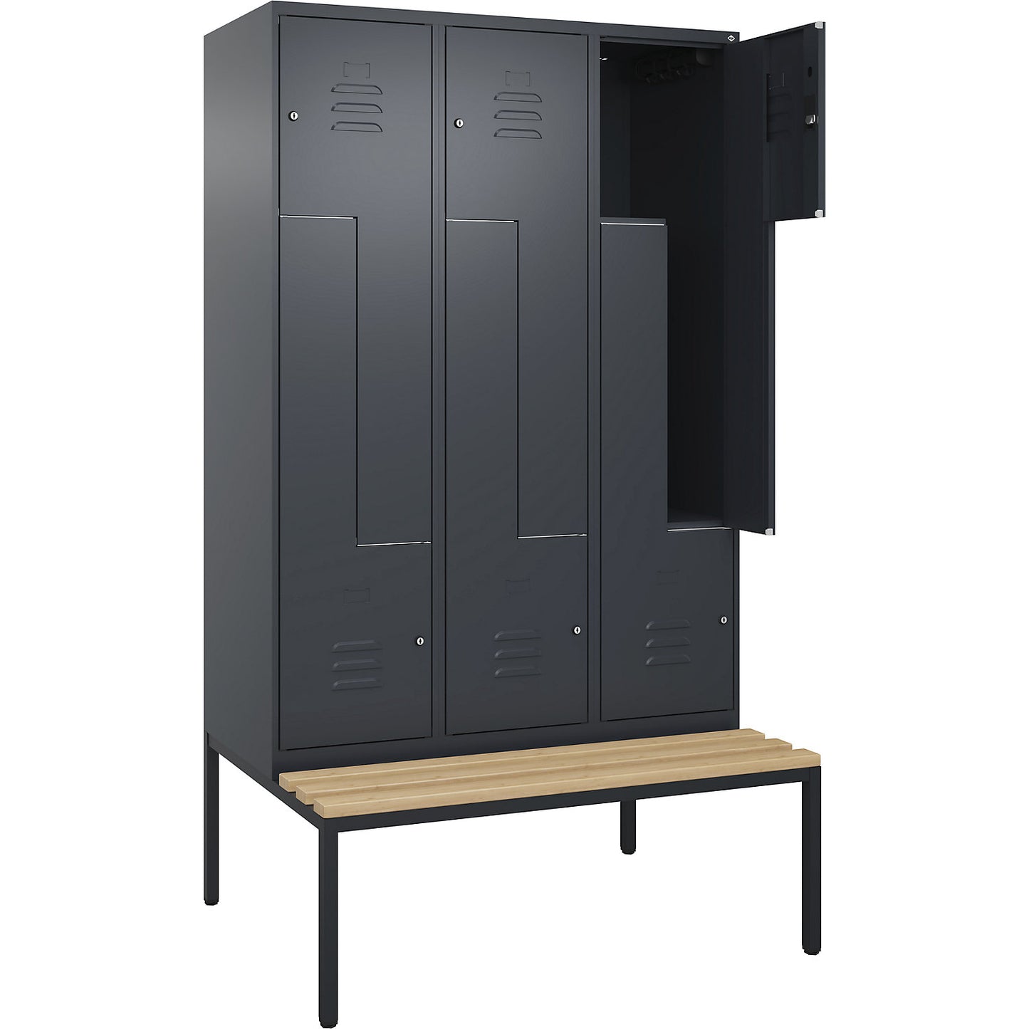 Classic PLUS bench seat Z locker, 3 compartments, grey, W 1200 mm, cylinder lock, base frame, beech hardwood.
