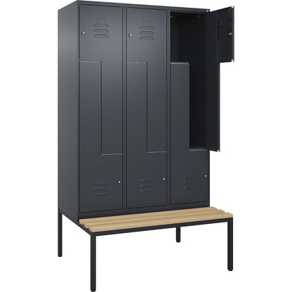 Classic PLUS bench seat Z locker, 3 compartments, grey, W 1200 mm, cylinder lock, base frame, beech hardwood.