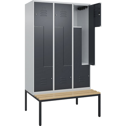 Classic PLUS bench seat Z locker, 3 compartments, light grey/grey, W 1200 mm, cylinder lock, base frame, beech hardwood.