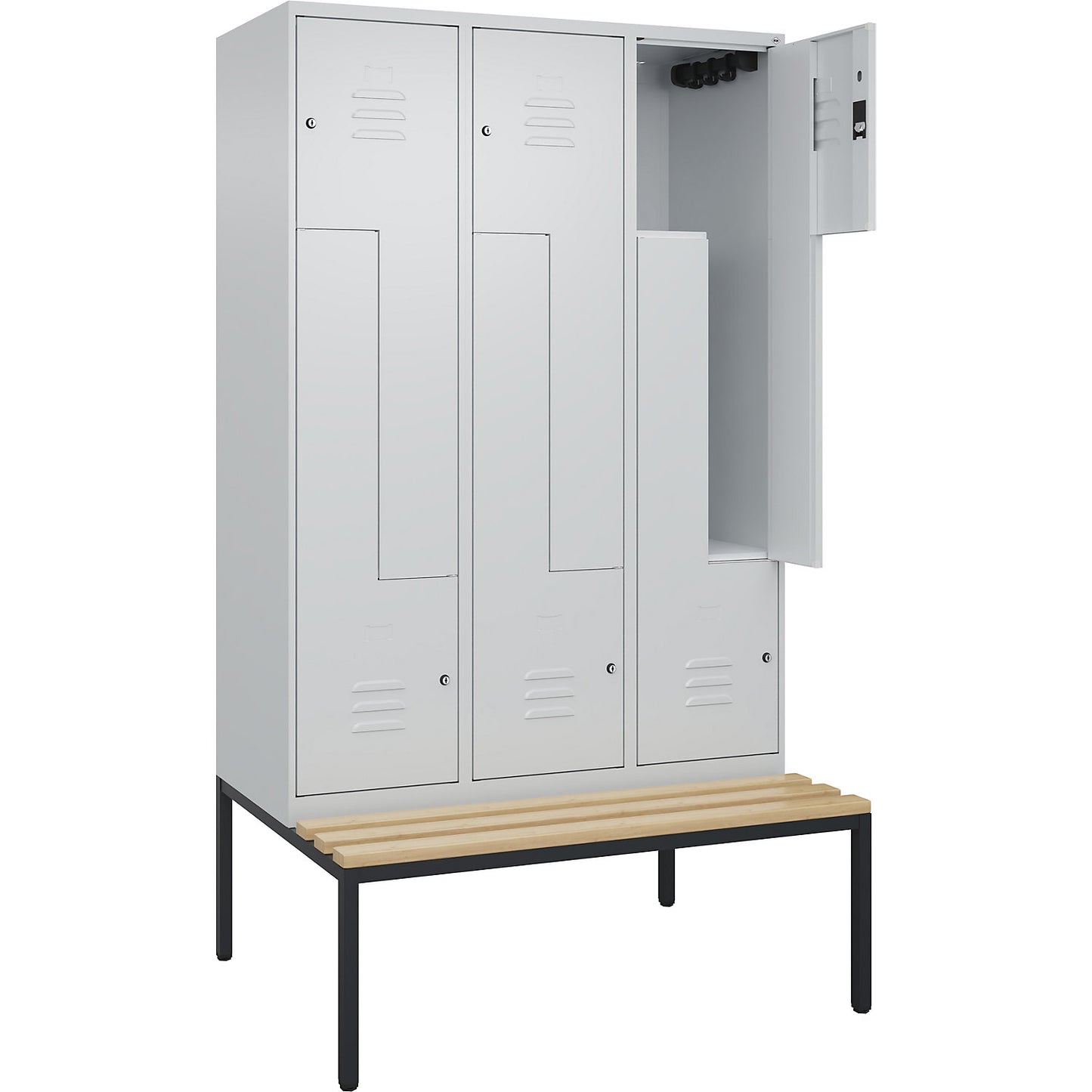 Classic PLUS bench seat Z locker, 3 compartments, light grey, W 1200 mm, cylinder lock, base frame, beech hardwood.
