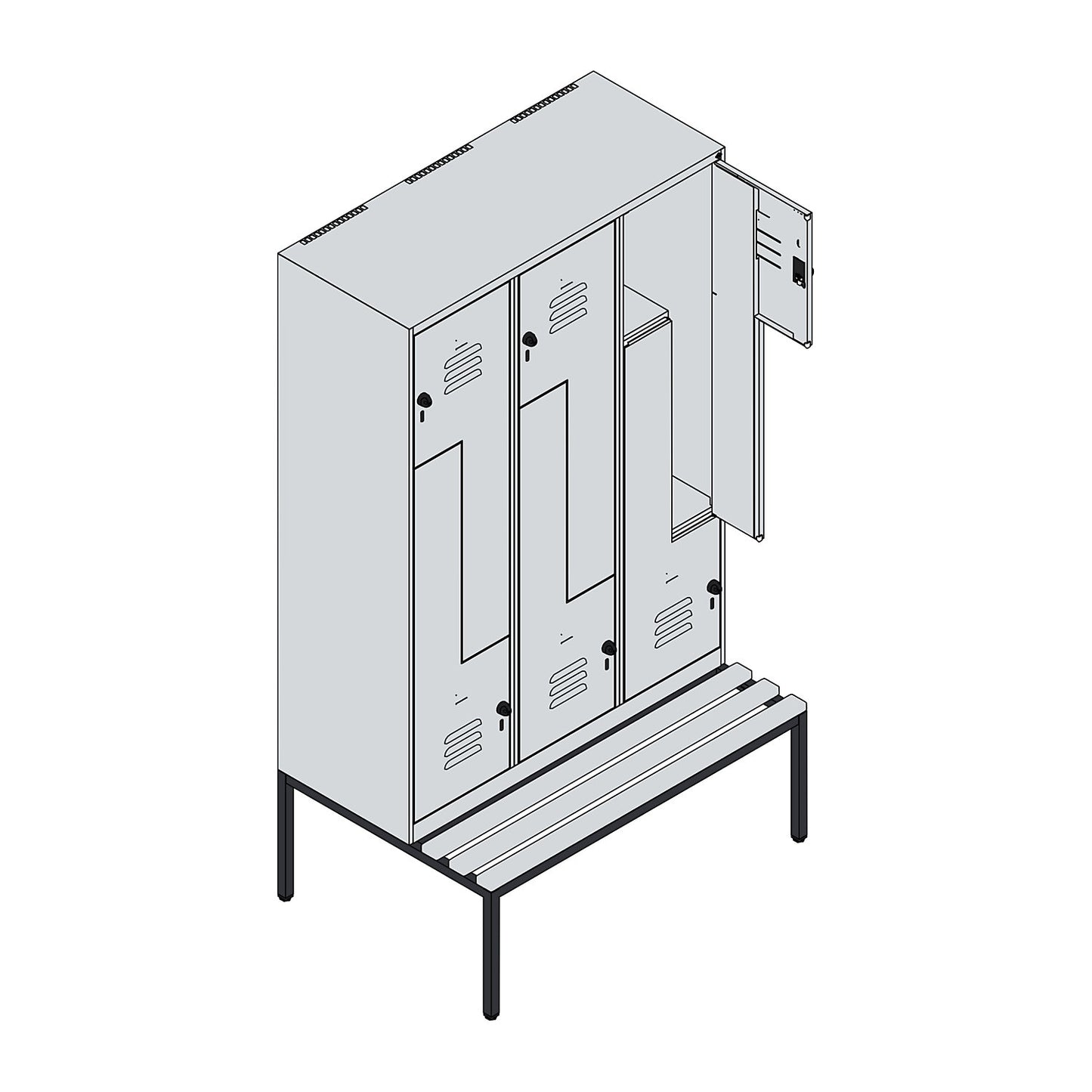 Classic PLUS bench seat Z locker, 3 compartments, light grey/reseda green, W 1200 mm, security rotary bolt, base frame, beech hardwood.