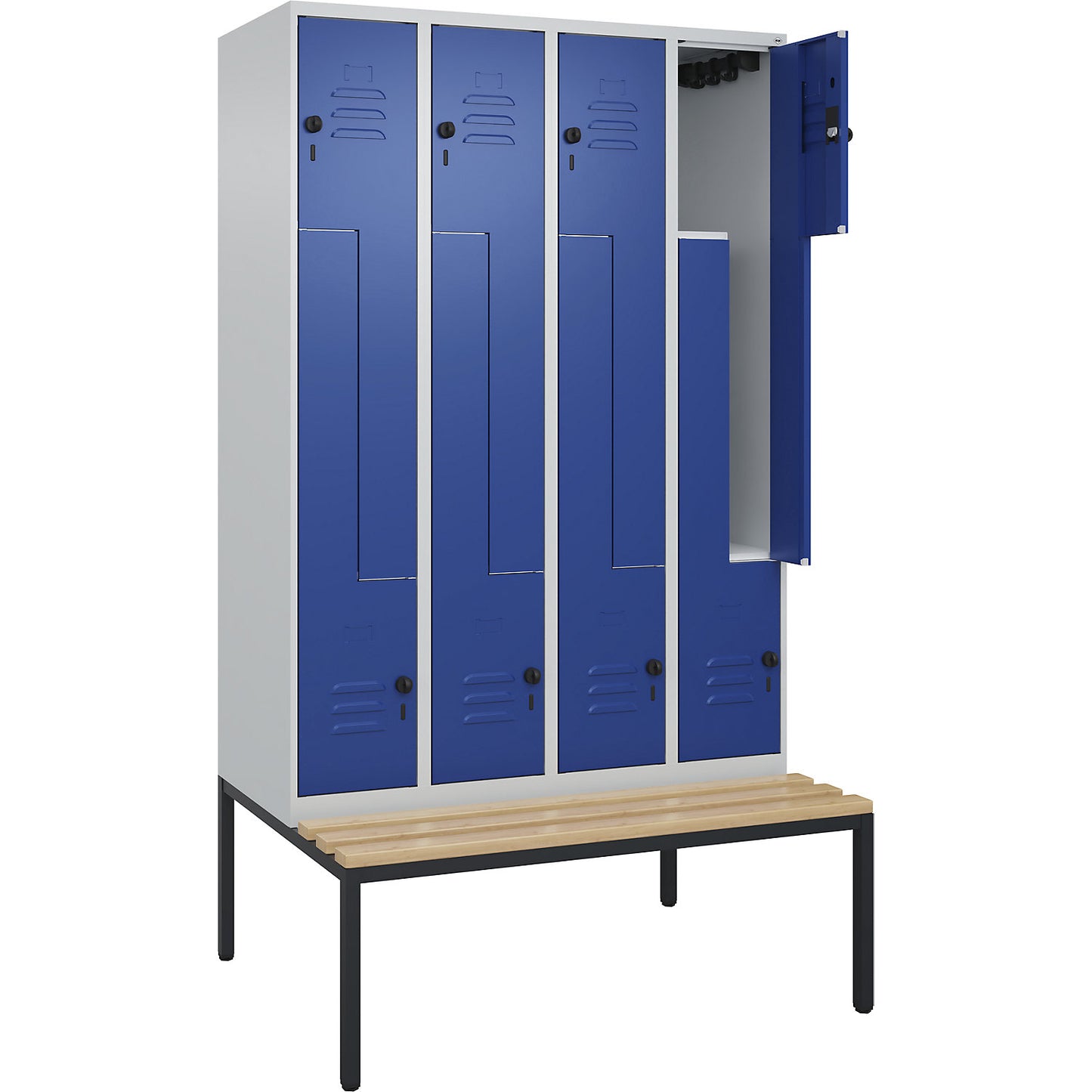 Classic PLUS bench seat Z locker, 4 compartments, light grey/gentian blue, W 1200 mm, security rotary bolt, base frame, beech hardwood.