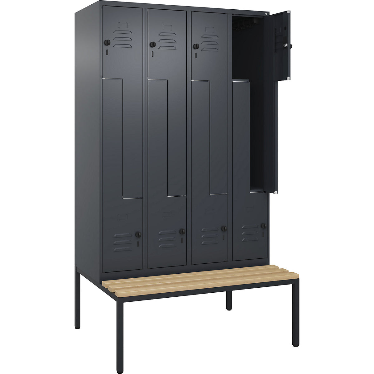 Classic PLUS bench seat Z locker, 4 compartments, grey, W 1200 mm, security rotary bolt, base frame, beech hardwood.