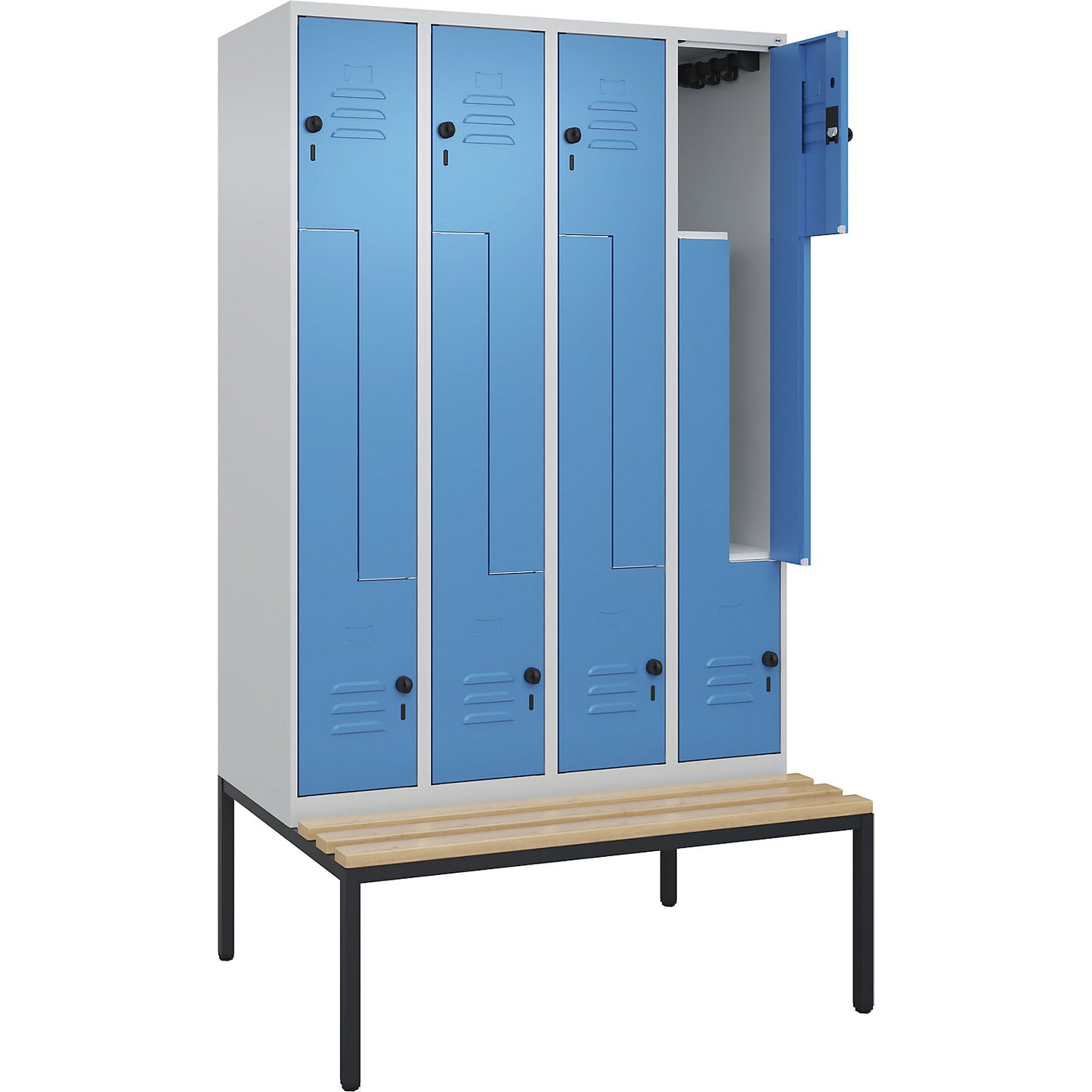 Classic PLUS bench seat Z locker, 4 compartments, light grey/light blue, W 1200 mm, security rotary bolt, base frame, beech hardwood.