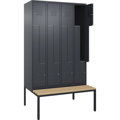 Classic PLUS bench seat Z locker, 4 compartments, grey, W 1200 mm, cylinder lock, base frame, beech hardwood.
