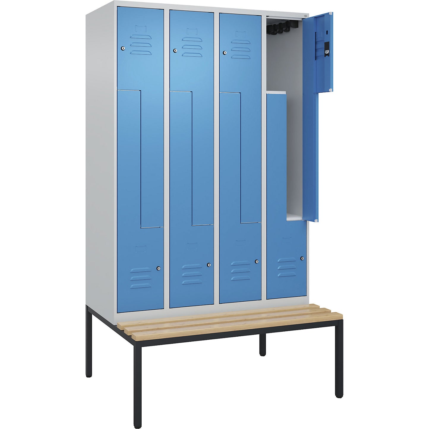 Classic PLUS bench seat Z locker, 4 compartments, light grey/light blue, W 1200 mm, cylinder lock, base frame, beech hardwood.