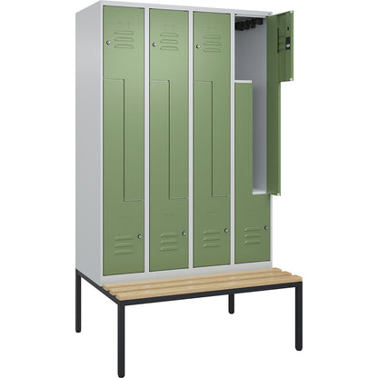 Classic PLUS bench seat Z locker, 4 compartments, light grey/reseda green, W 1200 mm, cylinder lock, base frame, beech hardwood.