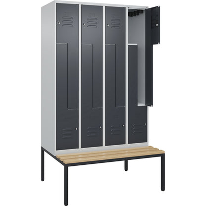 Classic PLUS bench seat Z locker, 4 compartments, light grey/grey, W 1200 mm, cylinder lock, base frame, beech hardwood.