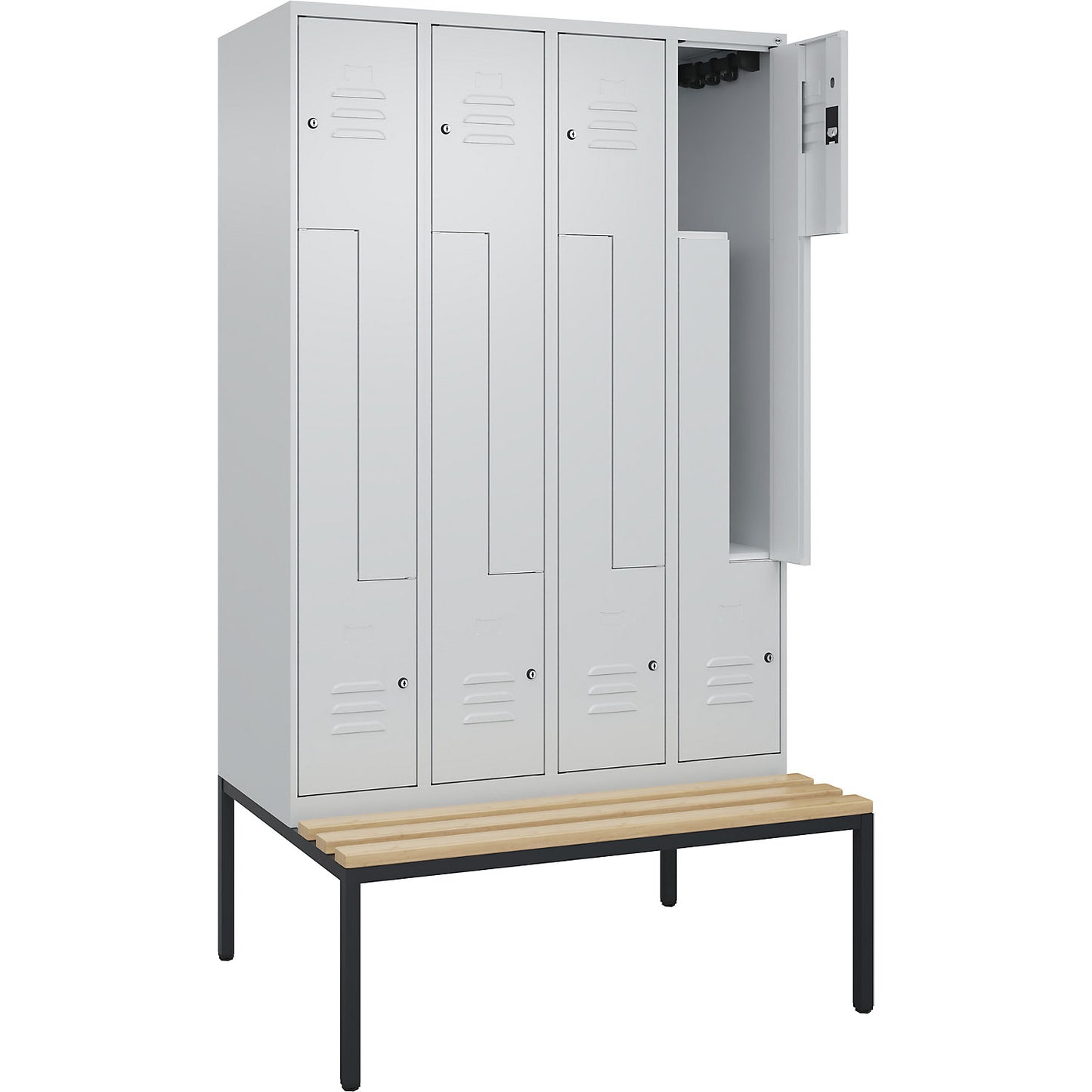Classic PLUS bench seat Z locker, 4 compartments, light grey, W 1200 mm, cylinder lock, base frame, beech hardwood.