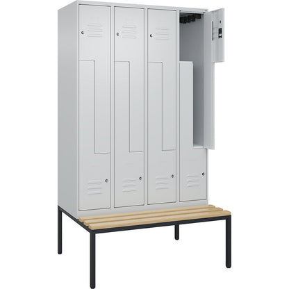 Classic PLUS bench seat Z locker, 4 compartments, light grey, W 1200 mm, cylinder lock, base frame, beech hardwood.