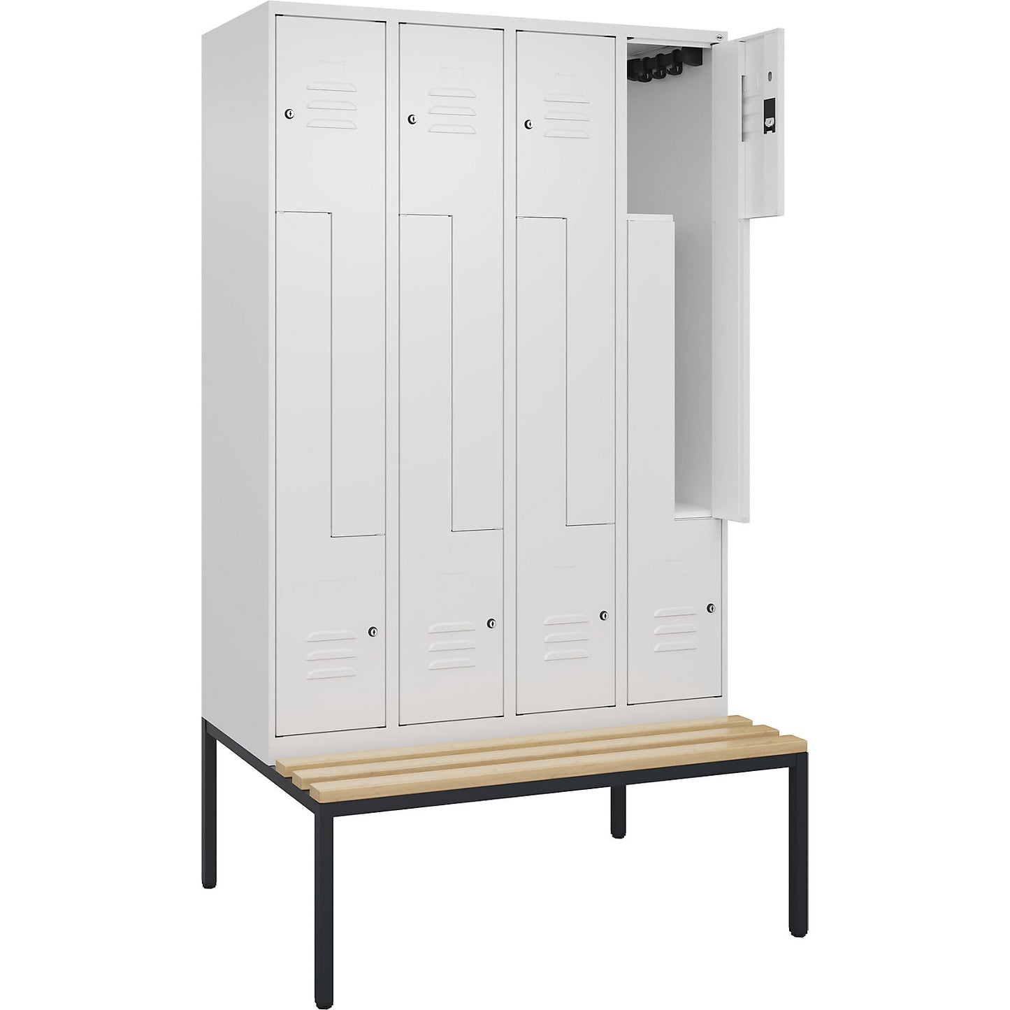 Classic PLUS bench seat Z locker, 4 compartments, traffic white, W 1200 mm, cylinder lock, base frame, beech hardwood.