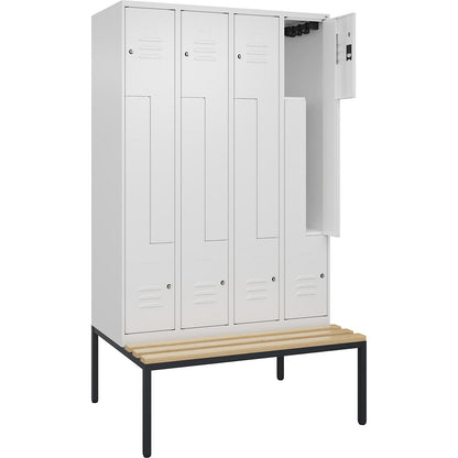 Classic PLUS bench seat Z locker, 4 compartments, traffic white, W 1200 mm, cylinder lock, base frame, beech hardwood.