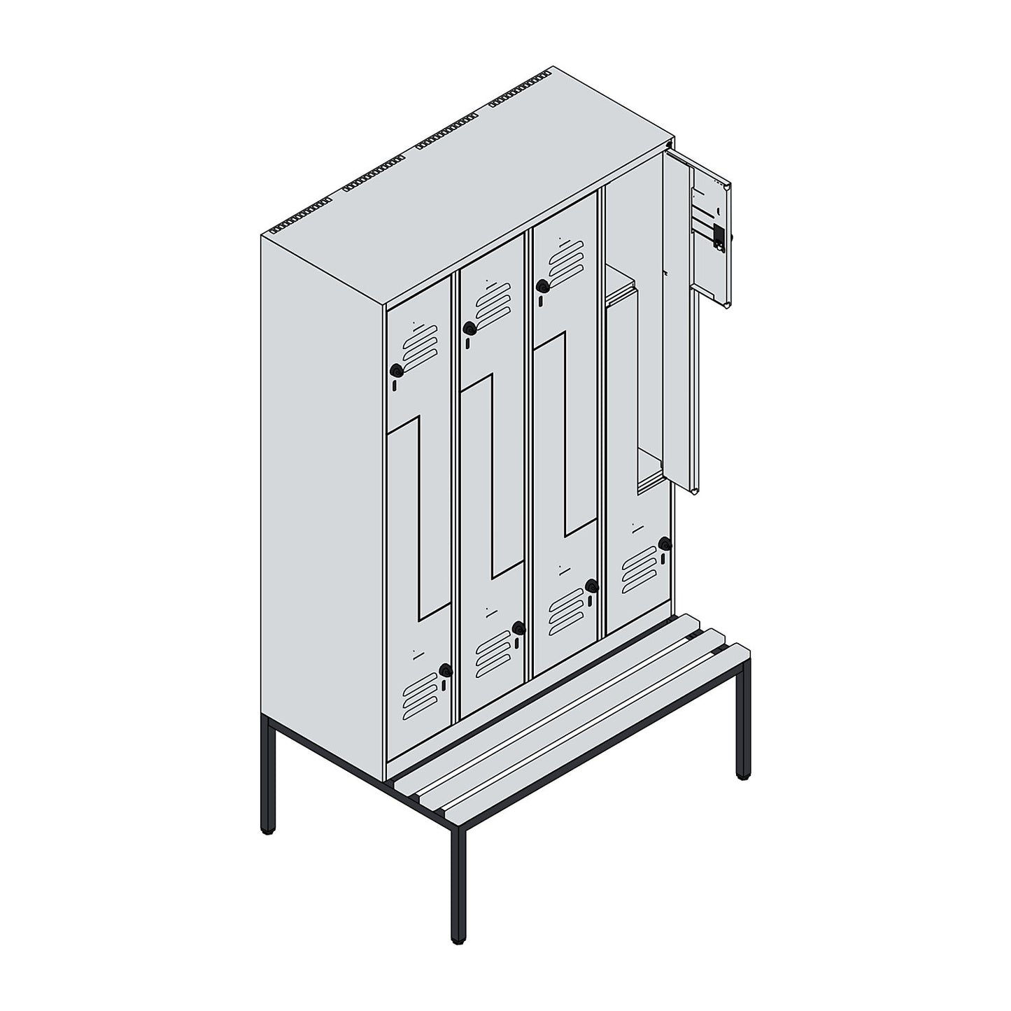Classic PLUS bench seat Z locker, 4 compartments, light grey/light blue, W 1200 mm, security rotary bolt, base frame, beech hardwood.