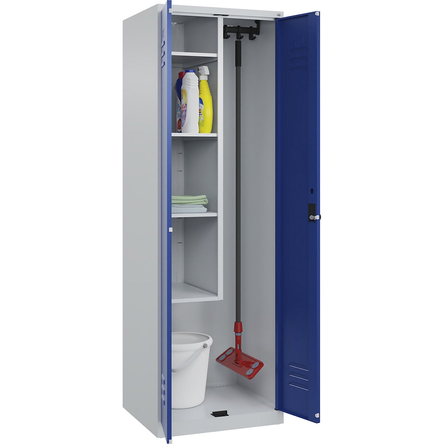 Classic PLUS locker for cleaning products, 1 compartment, centre partition, short model, light grey/gentian blue, W 600 mm, with floor glides, rotary bolt.