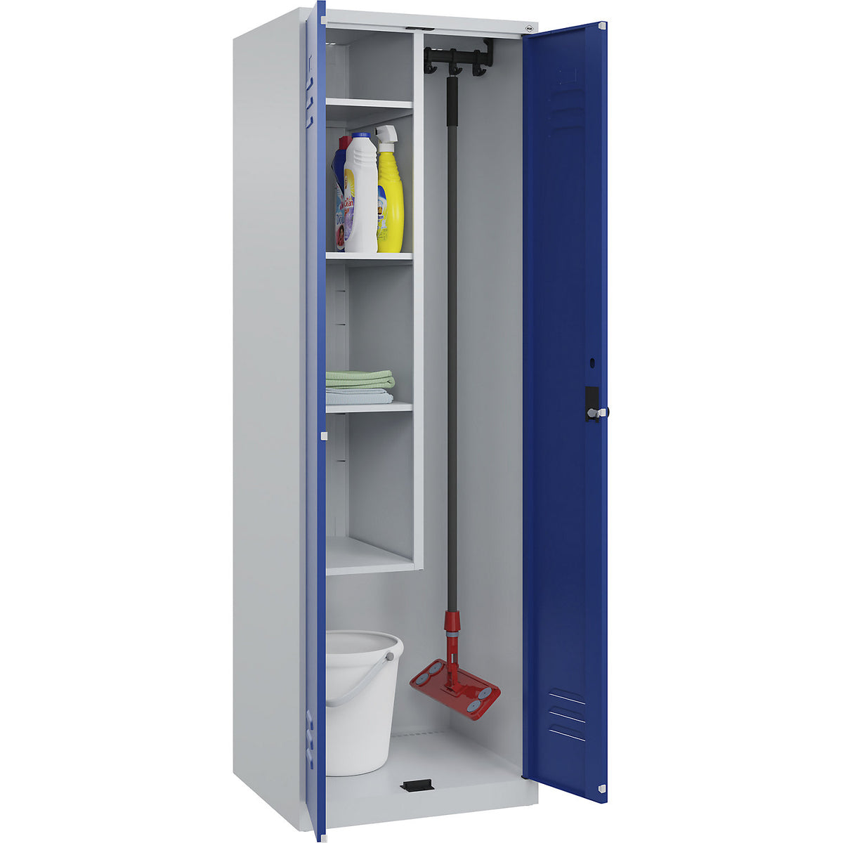 Classic PLUS locker for cleaning products, 1 compartment, centre partition, short model, light grey/gentian blue, W 600 mm, with floor glides, rotary bolt.