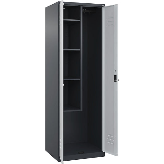 Classic PLUS locker for cleaning products, 1 compartment, centre partition, short model, grey, W 600 mm, with floor glides, rotary bolt.