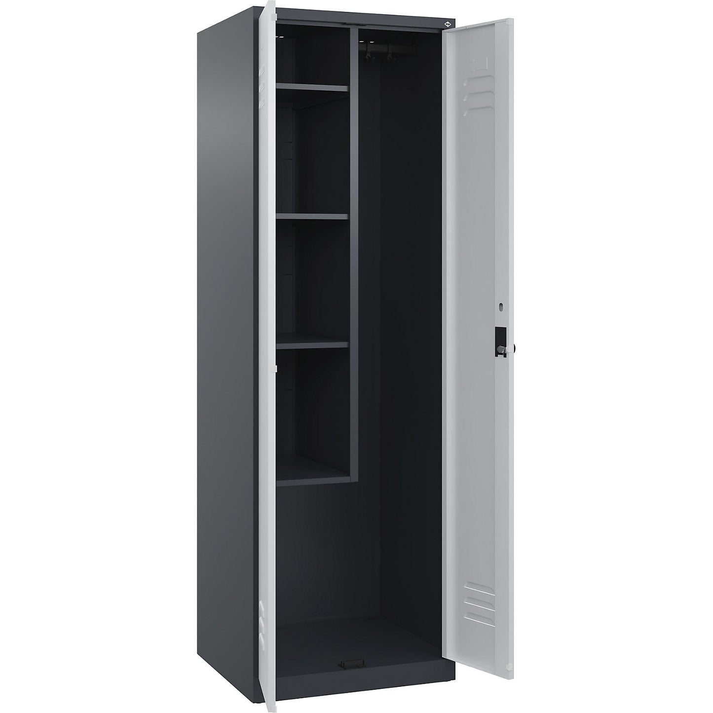 Classic PLUS locker for cleaning products, 1 compartment, centre partition, short model, grey, W 600 mm, with floor glides, rotary bolt.