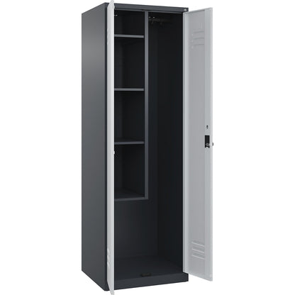Classic PLUS locker for cleaning products, 1 compartment, centre partition, short model, grey, W 600 mm, with floor glides, rotary bolt.