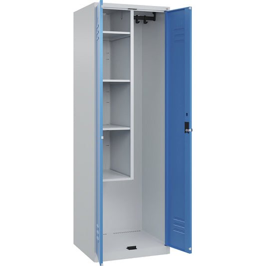 Classic PLUS locker for cleaning products, 1 compartment, centre partition, short model, light grey/light blue, W 600 mm, with floor glides, rotary bolt.
