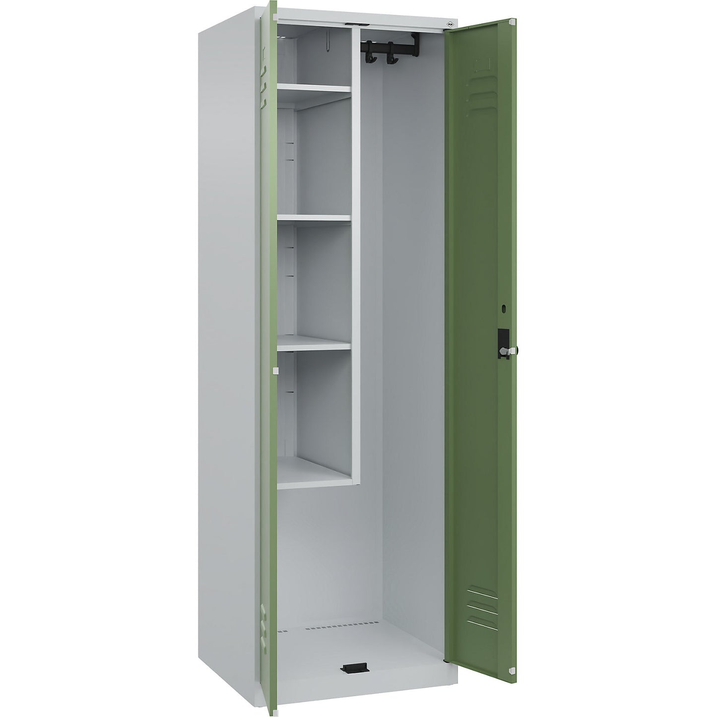 Classic PLUS locker for cleaning products, 1 compartment, centre partition, short model, light grey/reseda green, W 600 mm, with floor glides, rotary bolt.