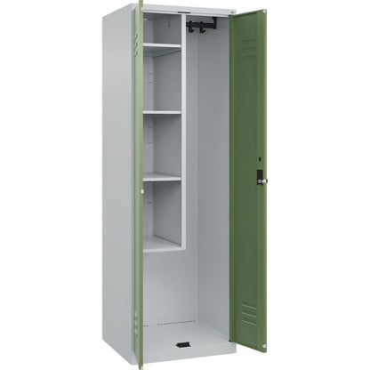 Classic PLUS locker for cleaning products, 1 compartment, centre partition, short model, light grey/reseda green, W 600 mm, with floor glides, rotary bolt.