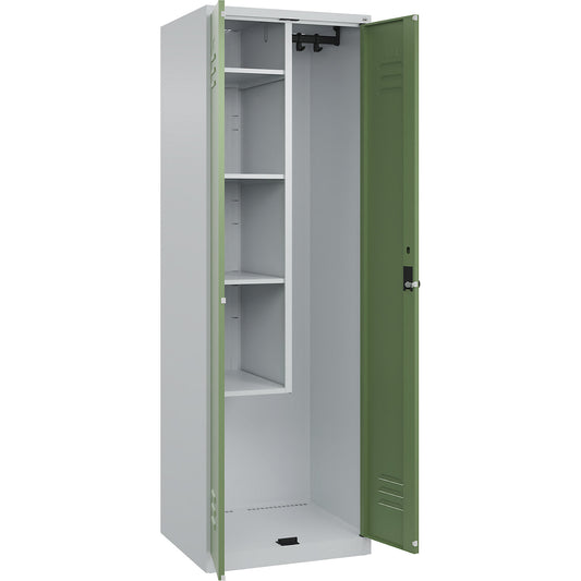 Classic PLUS locker for cleaning products, 1 compartment, centre partition, short model, light grey/reseda green, W 600 mm, with floor glides, rotary bolt.