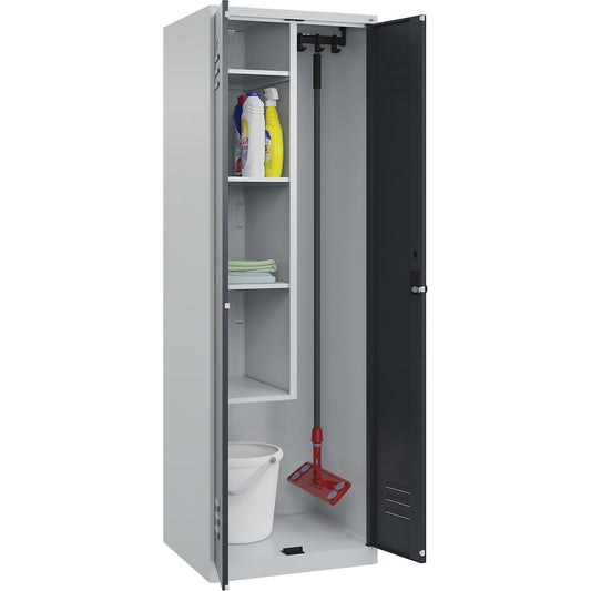 Classic PLUS locker for cleaning products, 1 compartment, centre partition, short model, light grey/grey, W 600 mm, with floor glides, rotary bolt.