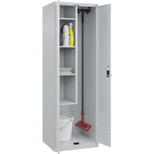 Classic PLUS locker for cleaning products, 1 compartment, centre partition, short model, light grey, W 600 mm, with floor glides, rotary bolt.
