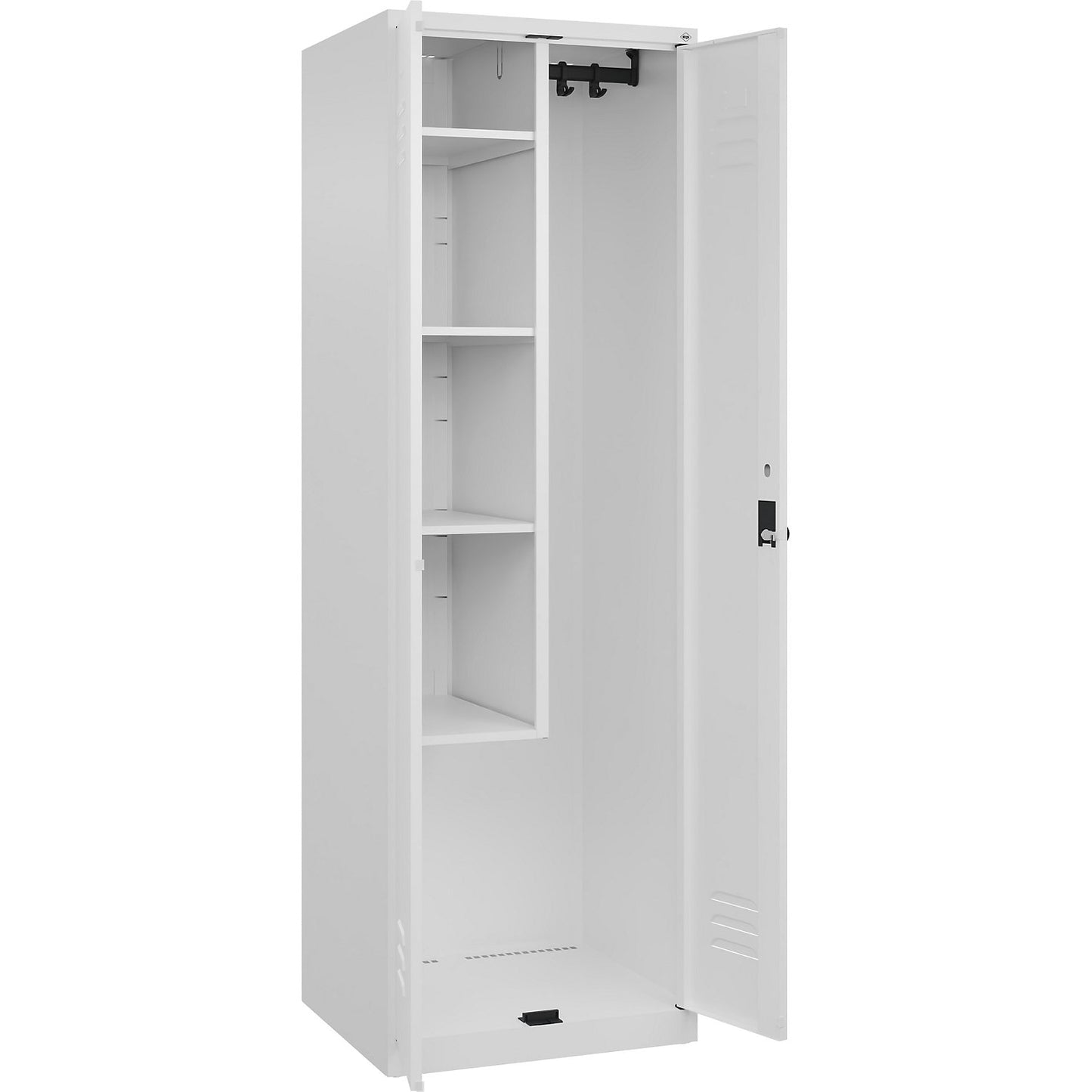 Classic PLUS locker for cleaning products, 1 compartment, centre partition, short model, traffic white, W 600 mm, with floor glides, rotary bolt.