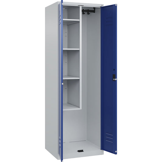 Classic PLUS locker for cleaning products, 1 compartment, centre partition, short model, light grey/gentian blue, W 600 mm, with floor glides, cylinder lock.