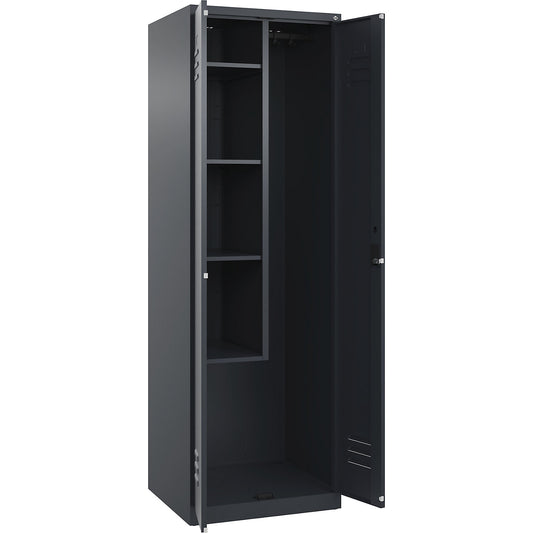 Classic PLUS locker for cleaning products, 1 compartment, centre partition, short model, grey, W 600 mm, with floor glides, cylinder lock.
