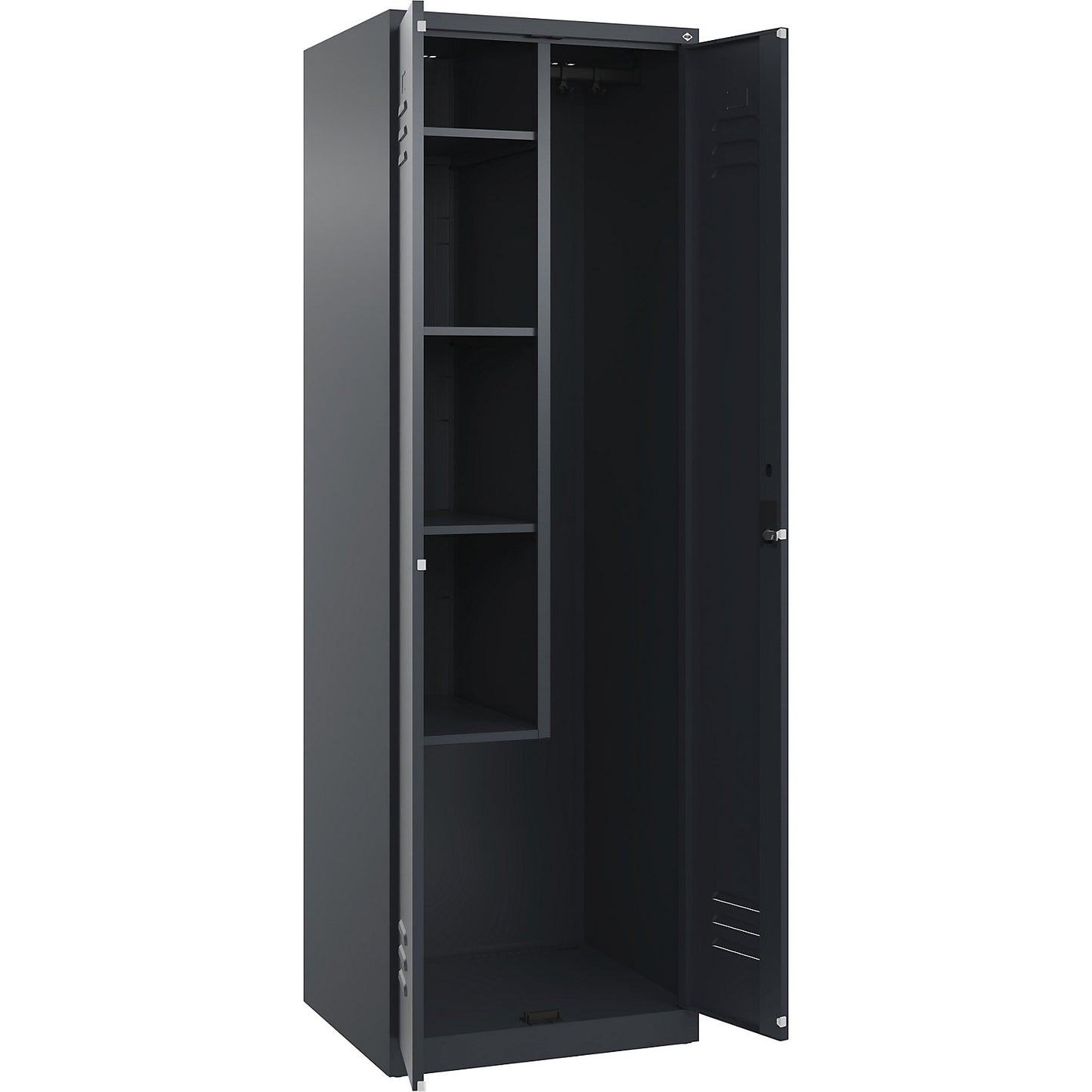 Classic PLUS locker for cleaning products, 1 compartment, centre partition, short model, grey, W 600 mm, with floor glides, cylinder lock.