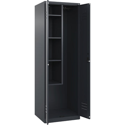 Classic PLUS locker for cleaning products, 1 compartment, centre partition, short model, grey, W 600 mm, with floor glides, cylinder lock.