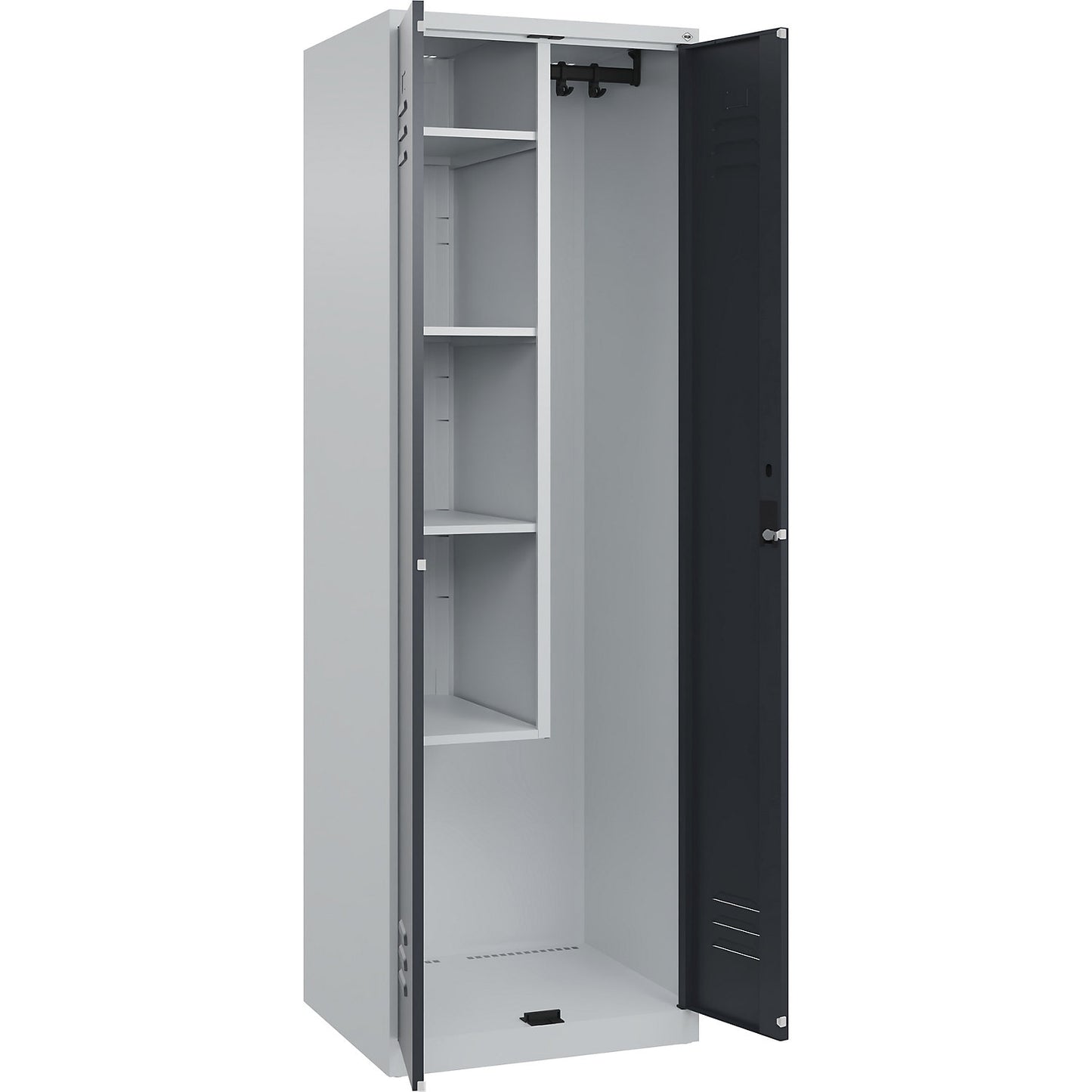 Classic PLUS locker for cleaning products, 1 compartment, centre partition, short model, light grey/grey, W 600 mm, with floor glides, cylinder lock.