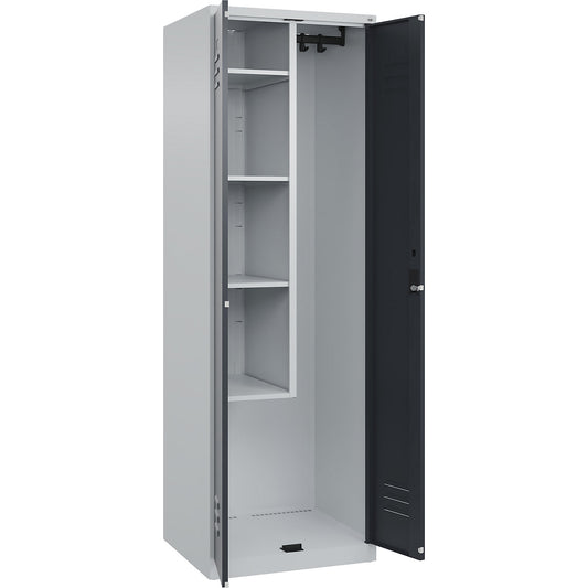 Classic PLUS locker for cleaning products, 1 compartment, centre partition, short model, light grey/grey, W 600 mm, with floor glides, cylinder lock.