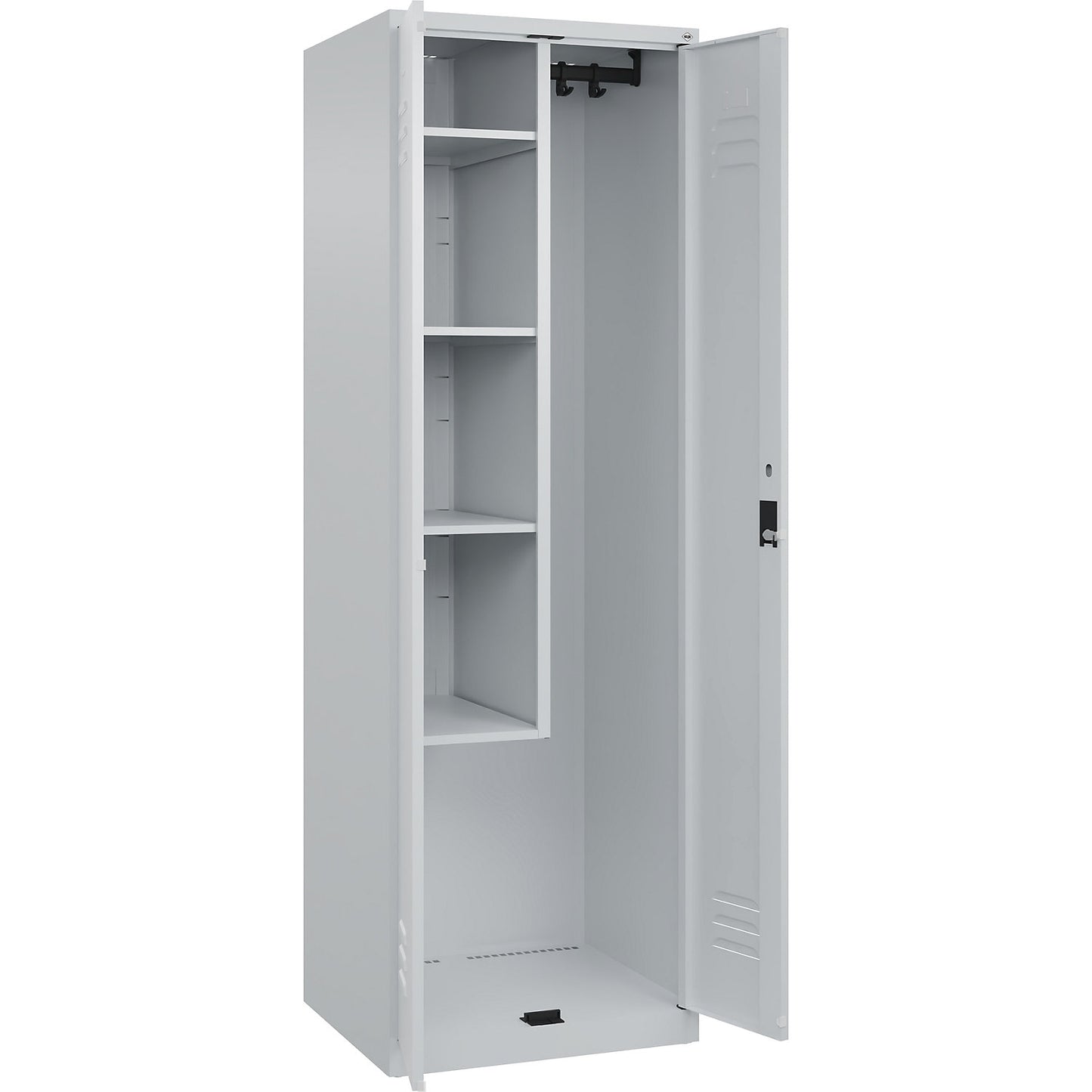 Classic PLUS locker for cleaning products, 1 compartment, centre partition, short model, light grey, W 600 mm, with floor glides, cylinder lock.
