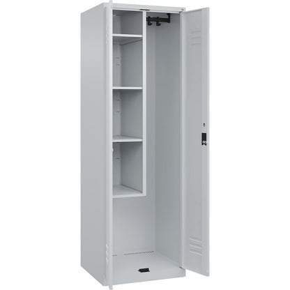 Classic PLUS locker for cleaning products, 1 compartment, centre partition, short model, light grey, W 600 mm, with floor glides, cylinder lock.