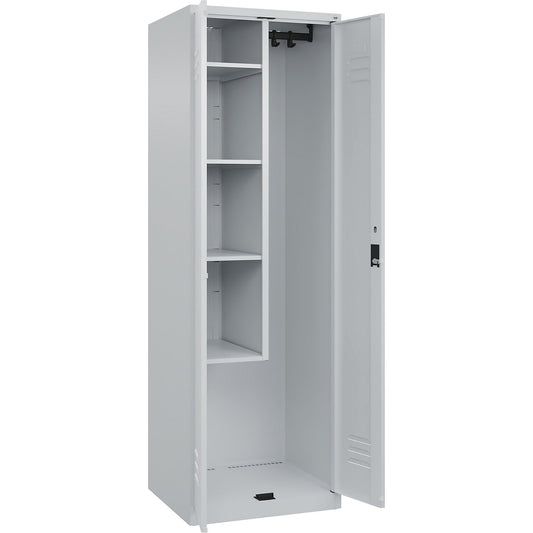 Classic PLUS locker for cleaning products, 1 compartment, centre partition, short model, light grey, W 600 mm, with floor glides, cylinder lock.
