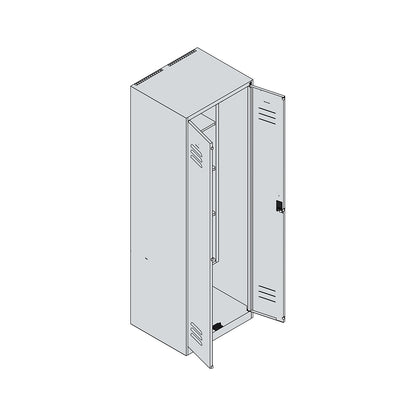 Classic PLUS locker for cleaning products, 1 compartment, centre partition, short model, light grey/gentian blue, W 600 mm, with floor glides, rotary bolt.
