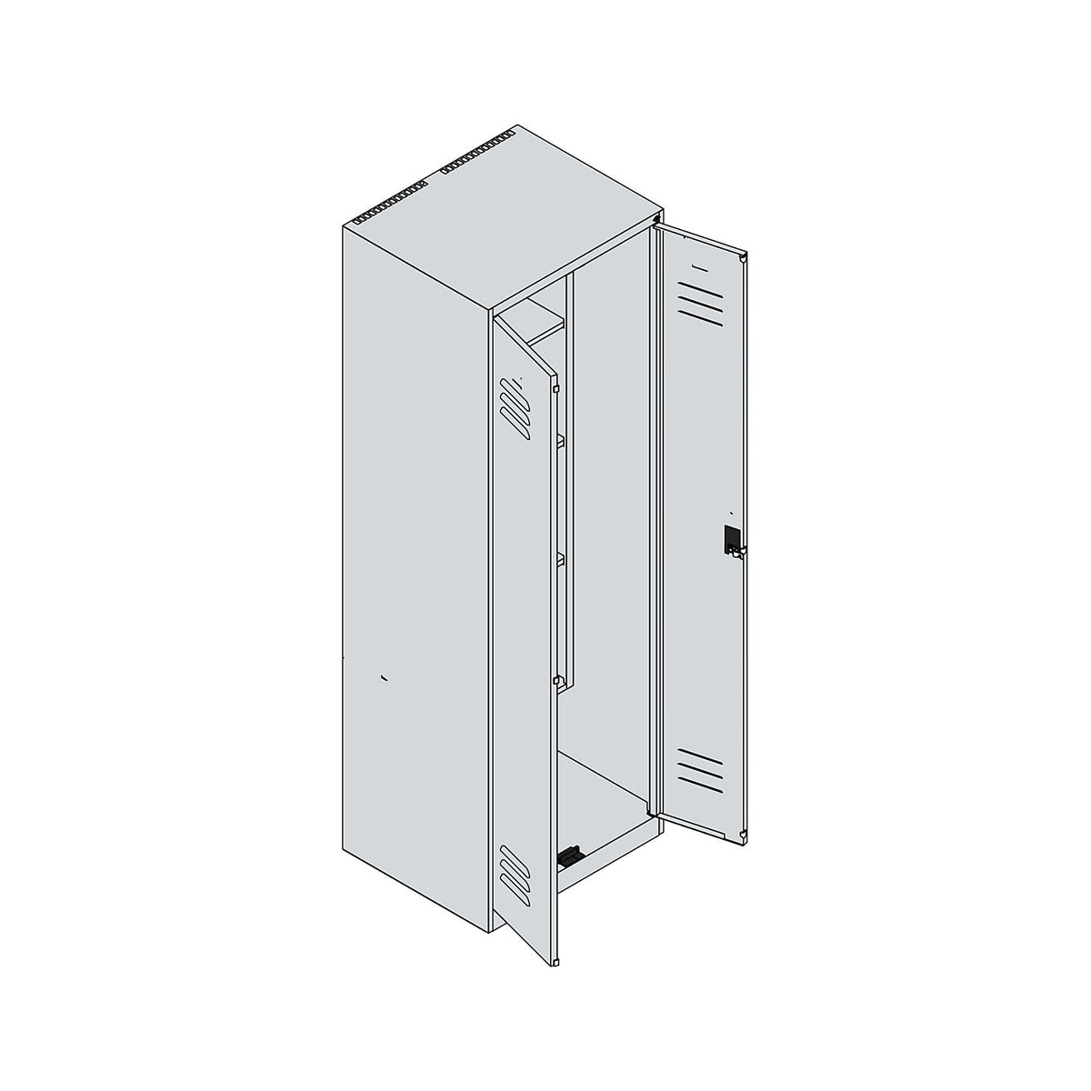 Classic PLUS locker for cleaning products, 1 compartment, centre partition, short model, light grey/gentian blue, W 600 mm, with floor glides, rotary bolt.