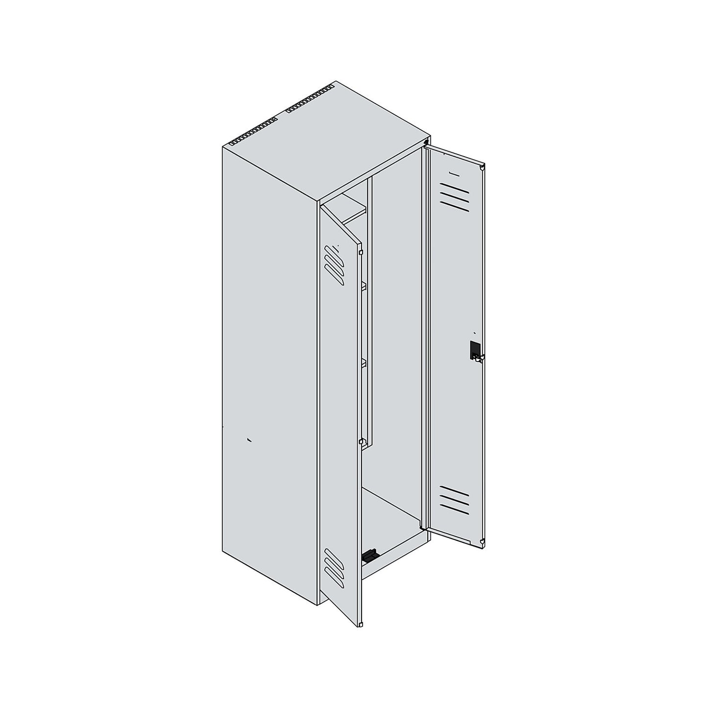 Classic PLUS locker for cleaning products, 1 compartment, centre partition, short model, grey, W 600 mm, with floor glides, rotary bolt.