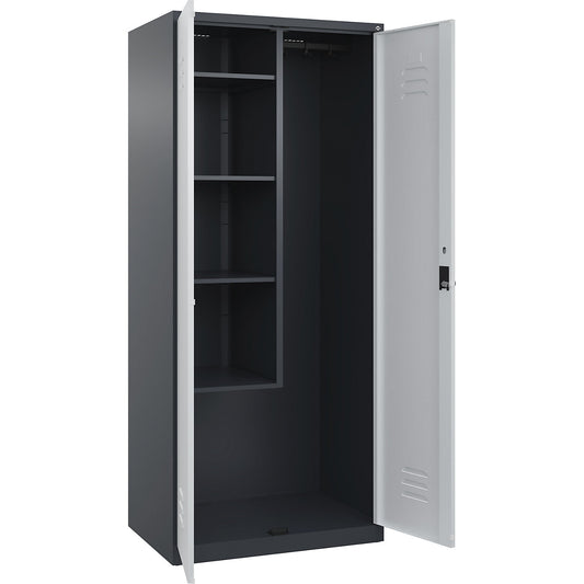 Classic PLUS locker for cleaning products, 1 compartment, centre partition, short model, grey, W 800 mm, with floor glides, rotary bolt.