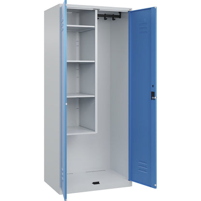 Classic PLUS locker for cleaning products, 1 compartment, centre partition, short model, light grey/light blue, W 800 mm, with floor glides, rotary bolt.