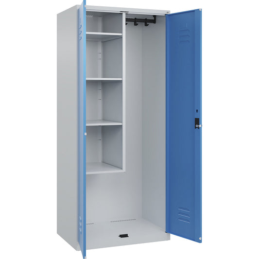 Classic PLUS locker for cleaning products, 1 compartment, centre partition, short model, light grey/light blue, W 800 mm, with floor glides, rotary bolt.