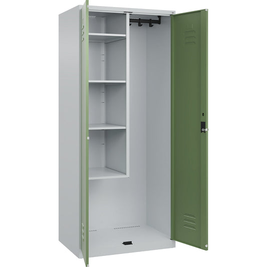 Classic PLUS locker for cleaning products, 1 compartment, centre partition, short model, light grey/reseda green, W 800 mm, with floor glides, rotary bolt.