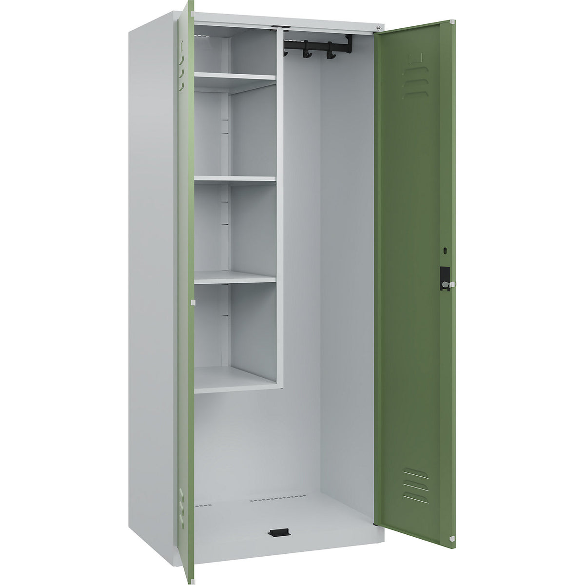 Classic PLUS locker for cleaning products, 1 compartment, centre partition, short model, light grey/reseda green, W 800 mm, with floor glides, rotary bolt.