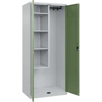 Classic PLUS locker for cleaning products, 1 compartment, centre partition, short model, light grey/reseda green, W 800 mm, with floor glides, rotary bolt.