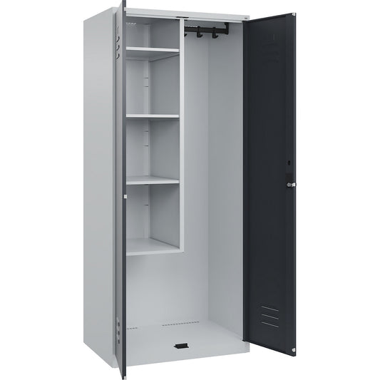 Classic PLUS locker for cleaning products, 1 compartment, centre partition, short model, light grey/grey, W 800 mm, with floor glides, rotary bolt.