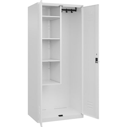 Classic PLUS locker for cleaning products, 1 compartment, centre partition, short model, traffic white, W 800 mm, with floor glides, rotary bolt.