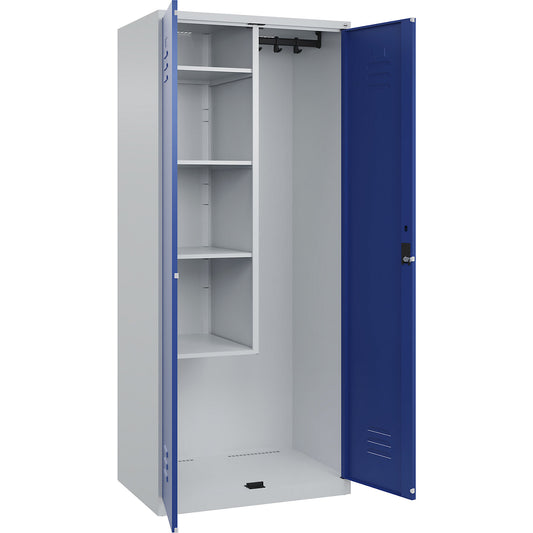Classic PLUS locker for cleaning products, 1 compartment, centre partition, short model, light grey/gentian blue, W 800 mm, with floor glides, cylinder lock.